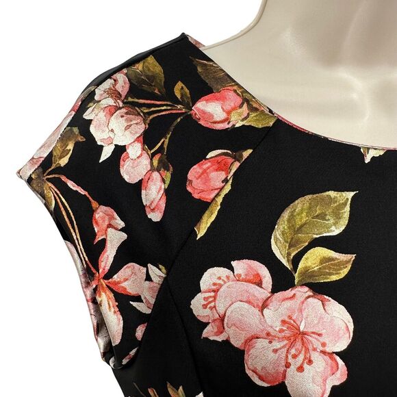 Beige Dress 4 Black Pink Floral Scuba Short Sleeve Sheath Side Slit Day to Night - Picture 3 of 9